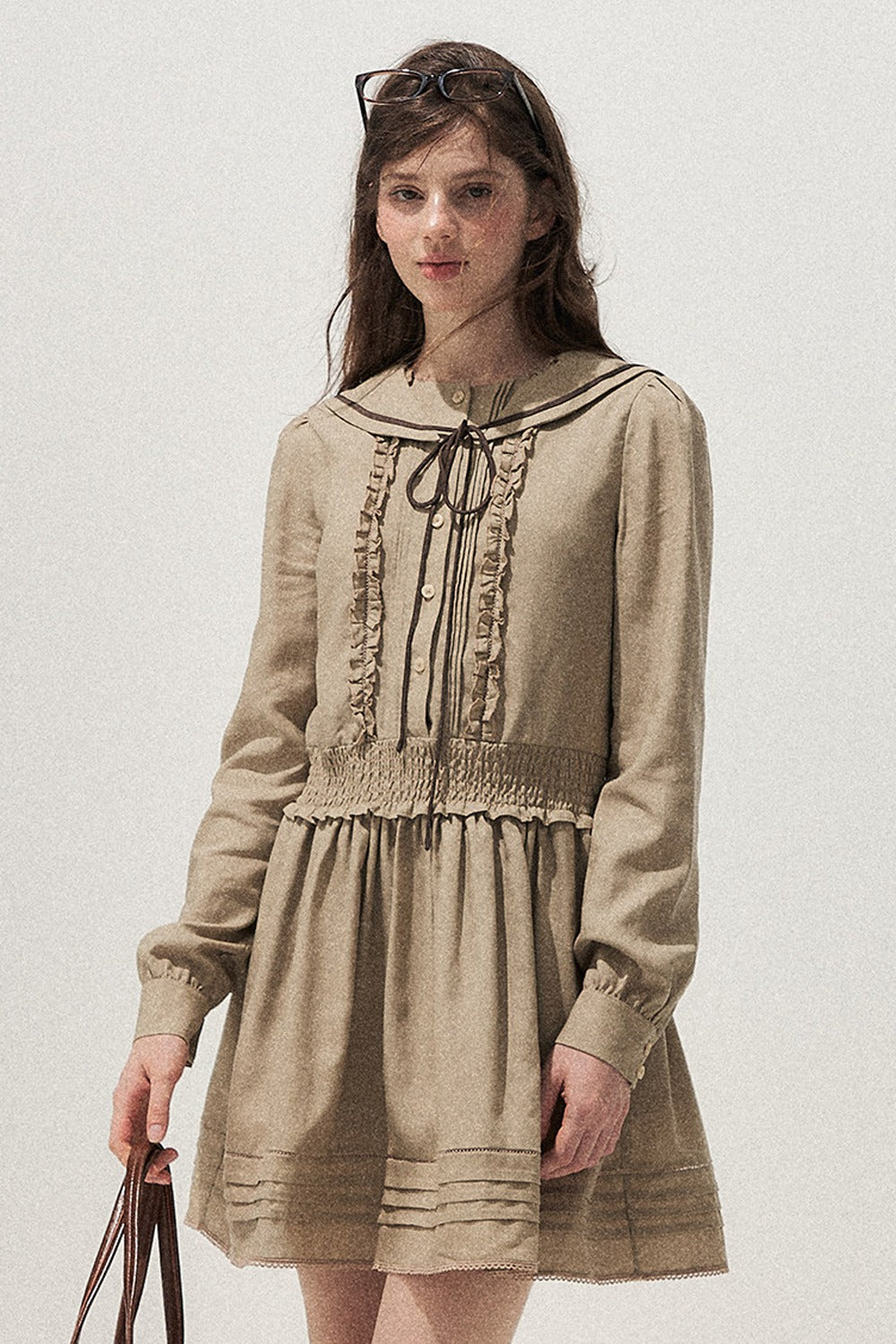 100% Lyocell Navy Collar Waist-Cinching Dress