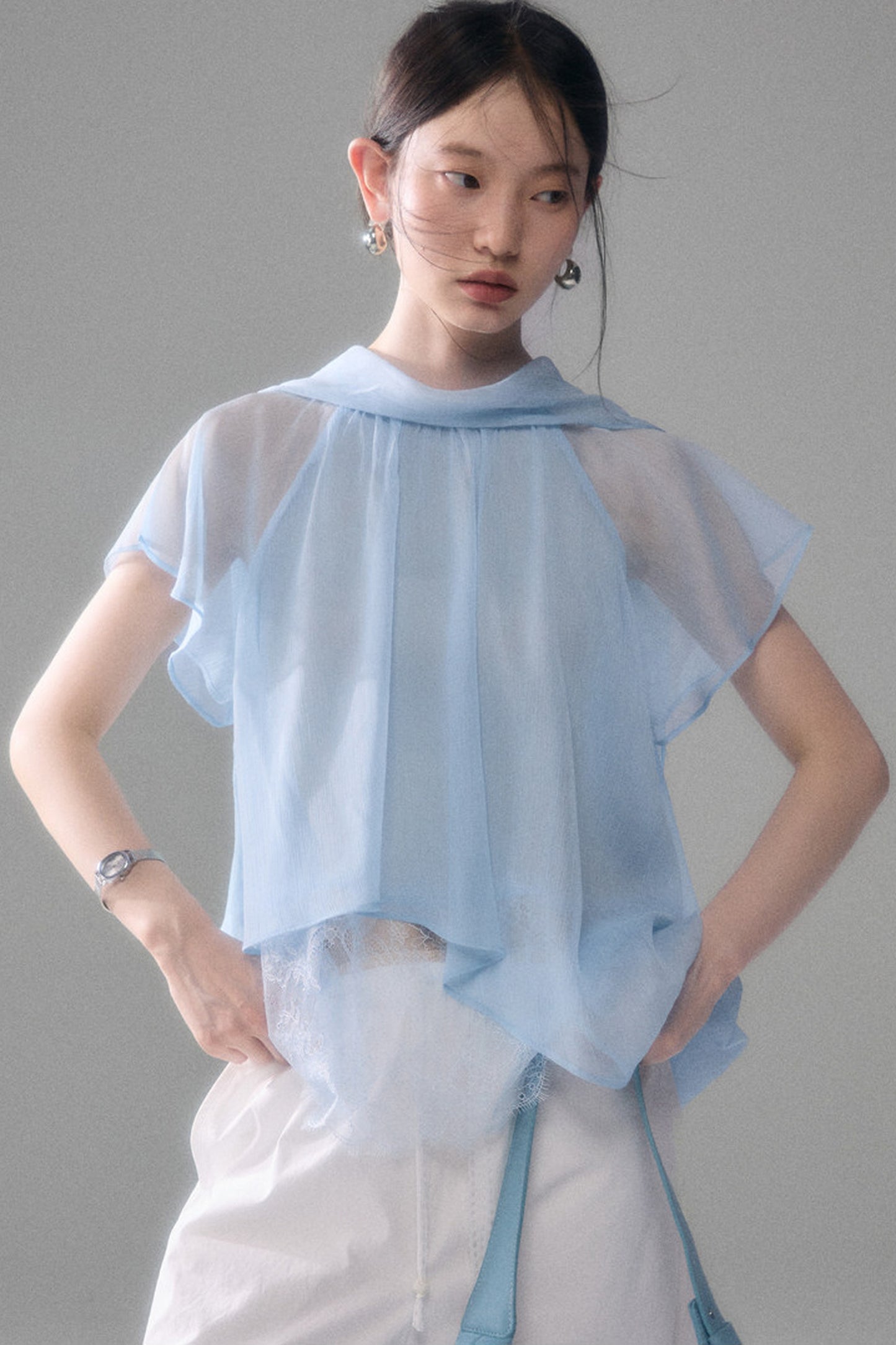 Sheer Blue Lace Ribbon Short Sleeve Top