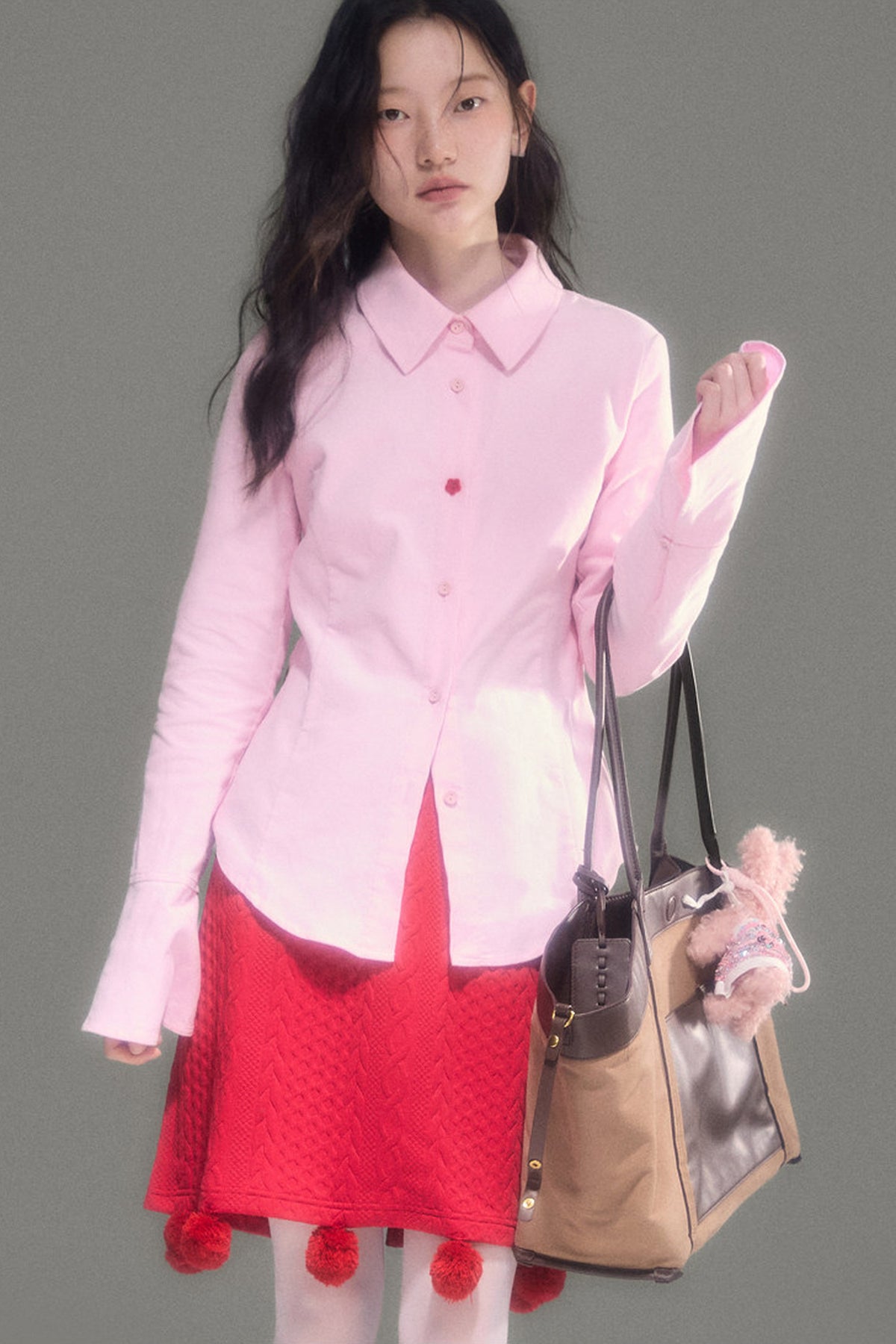 불규칙 단추 순면 코듀로이 나팔소매 셔츠