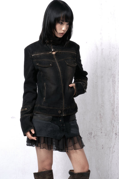 Washed Distressed Cross-Zipper Quilted Denim Jacket