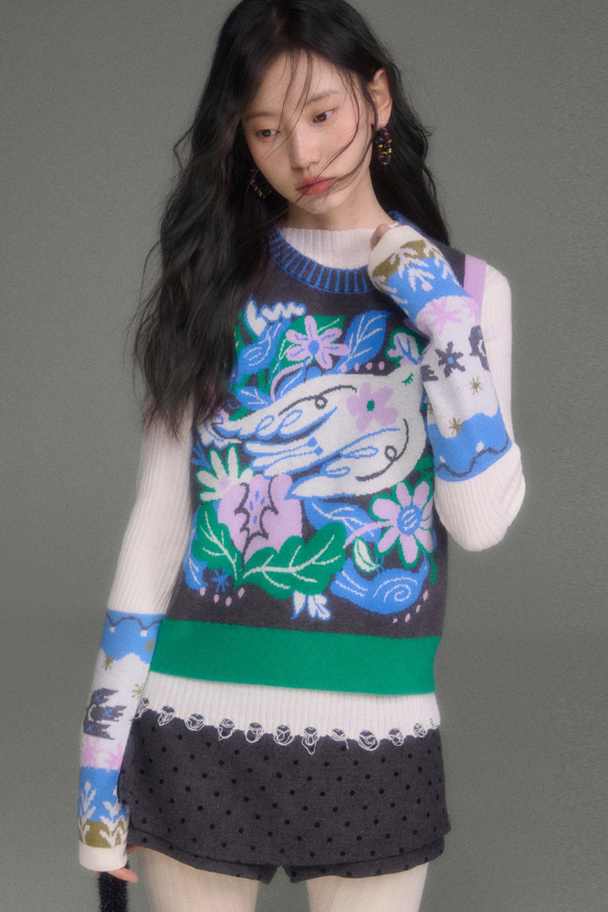Nightingale Rose Bird Jacquard Knit Cardigan Vest and Skirt Set-Up
