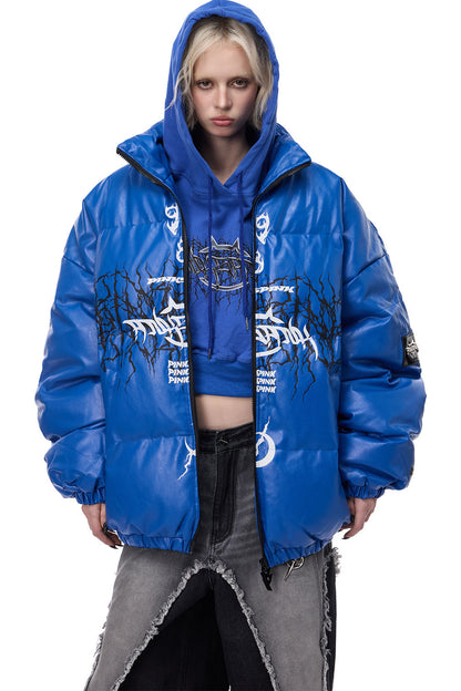 Logo PU Leather Motorcycle Puffer Jacket