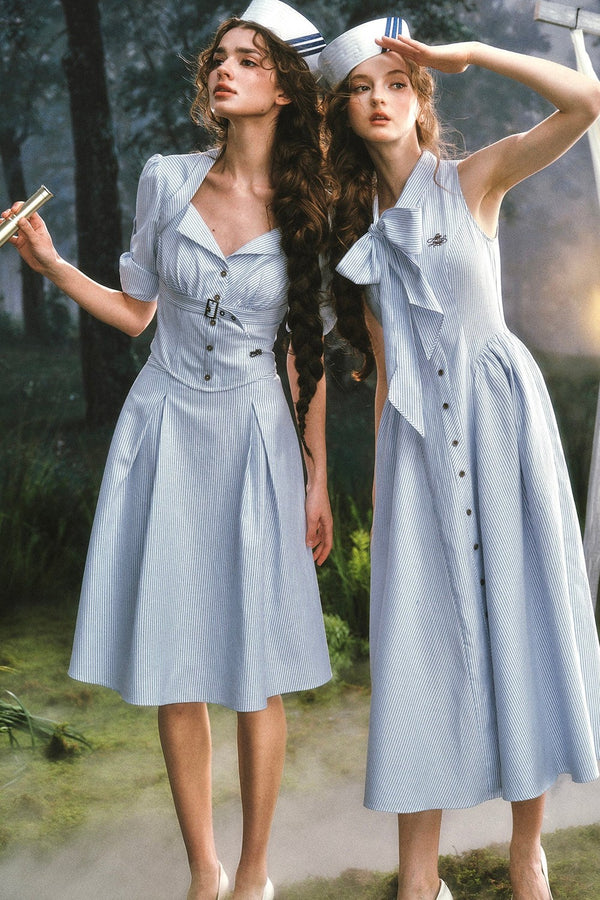 French Vintage Striped Shirt Dress Set-Up