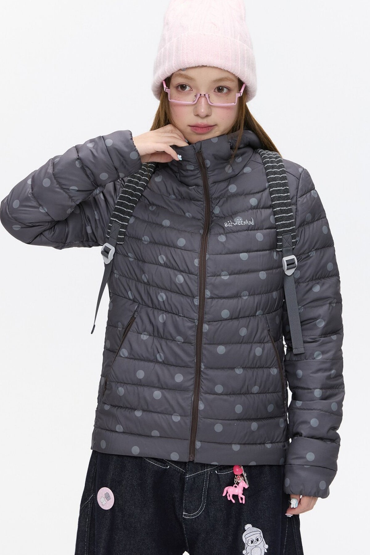 Hooded Ribbed Polka Dot Down Jacket