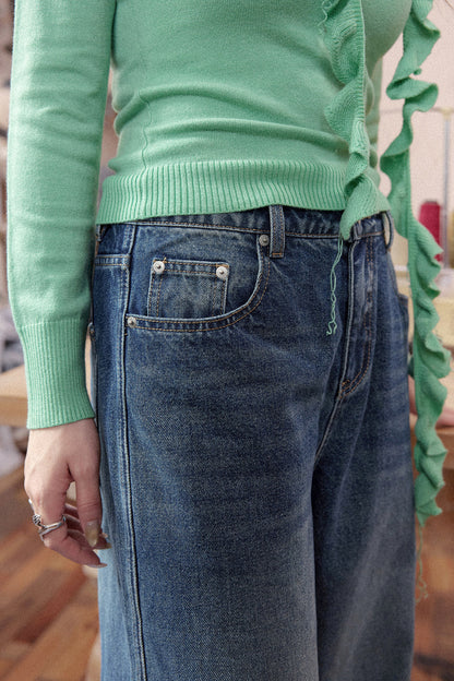 Straight-Leg Frayed Hem Denim Jeans