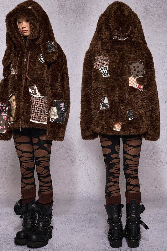 Patchwork Bunny Print Fur Jacket