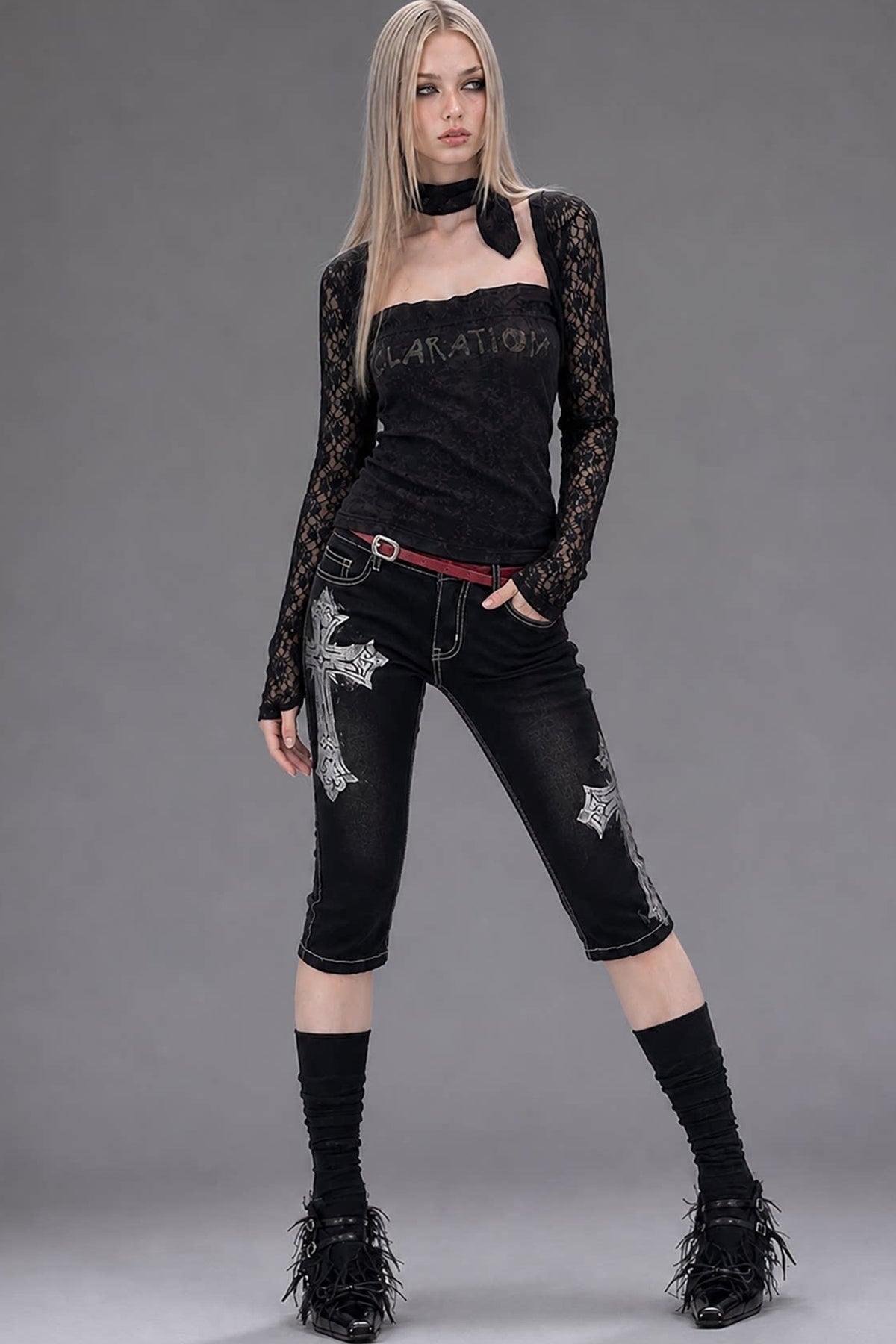 Black Lace Long-Sleeved Top Set-Up