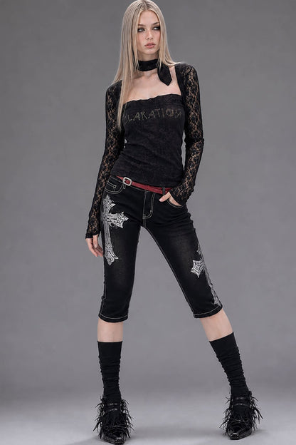 Black Lace Long-Sleeved Top Set-Up