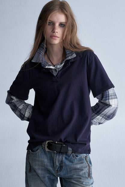 Retro Plaid Layered Washed T-Shirt