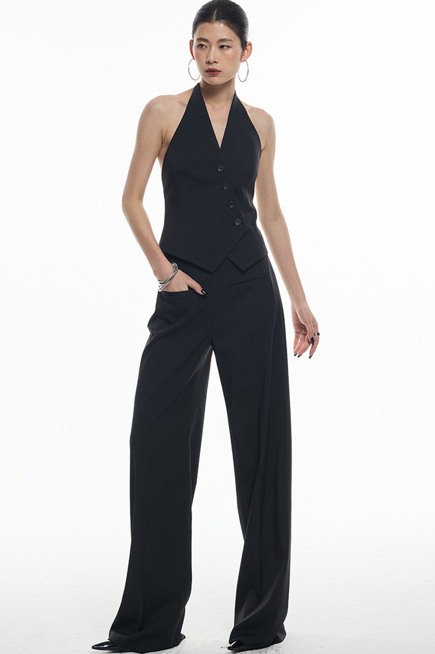 Black Diagonal Placket Sleeveless Vest