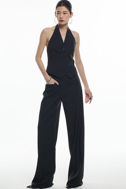 Black Diagonal Placket Sleeveless Vest