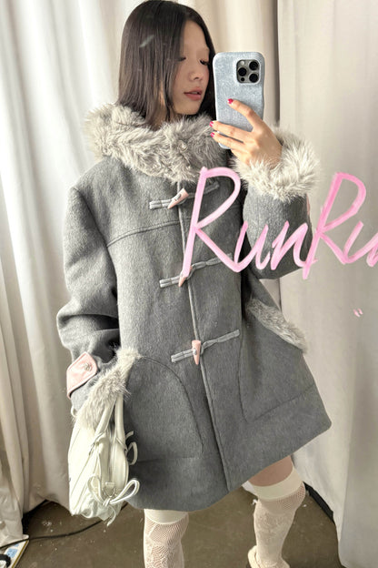Toggle Button Fur Collar Hooded Coat
