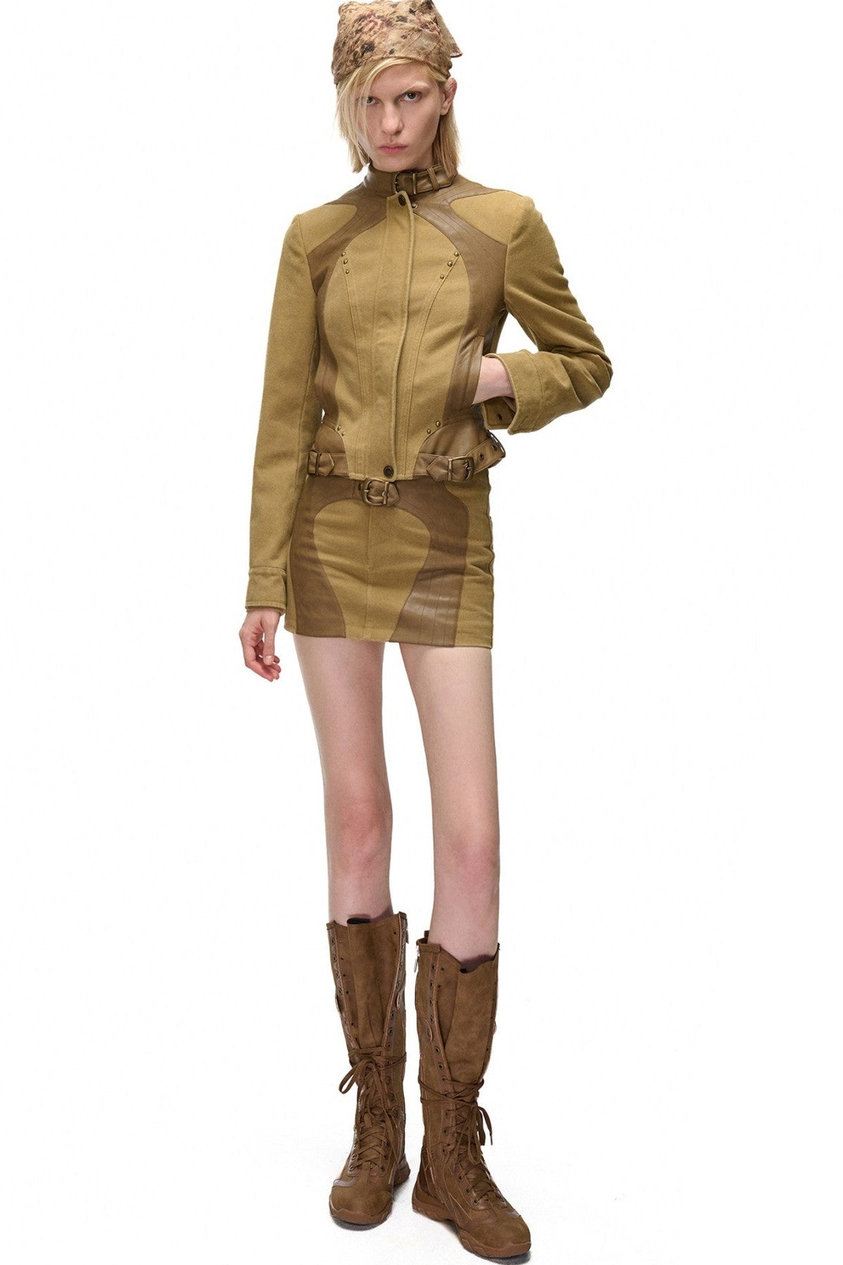 Storm Rider Washed Khaki PU Patchwork Jacket
