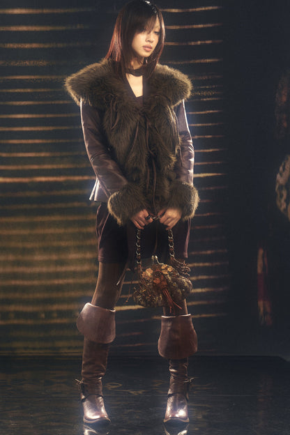 Ruffled Fur Collar Fleece-Lined Coat