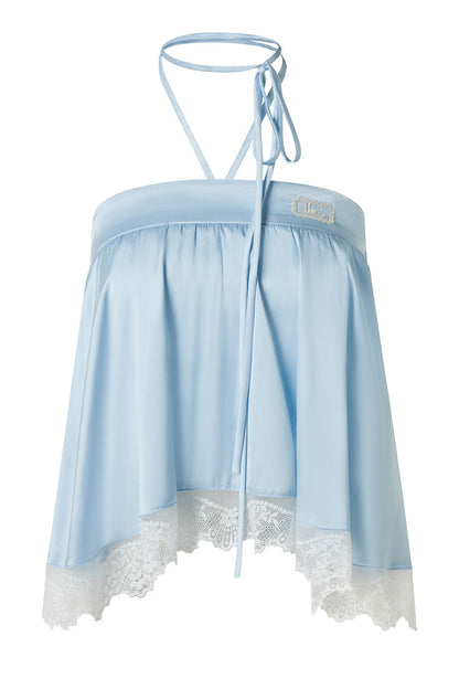 Blue Satin Lace Trim Halter Camisole