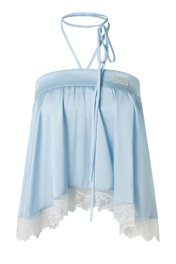 Blue Satin Lace Trim Halter Camisole