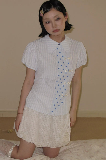 Blue Plaid Polka Dot Puff Sleeve Blouse