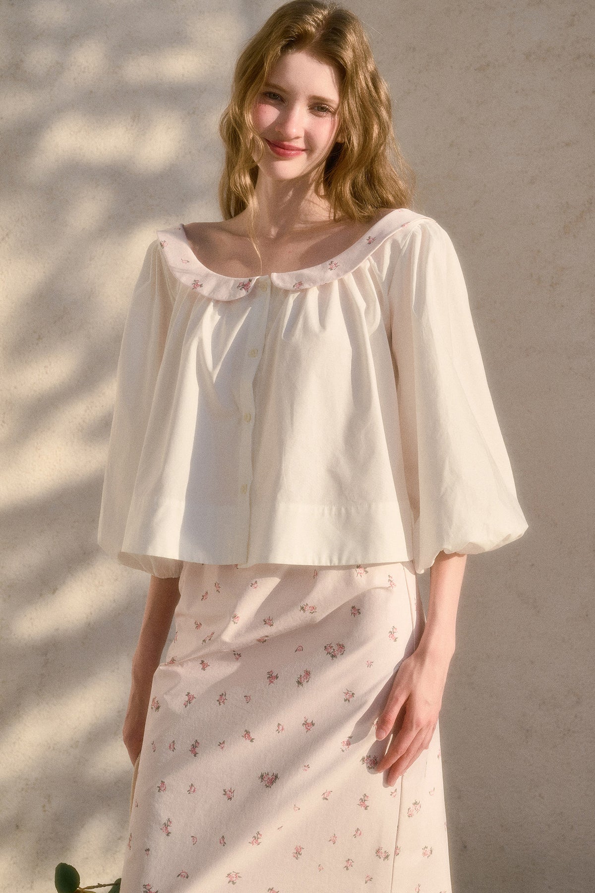 Floral Puff Sleeve Shirt and Skirt Set-Up