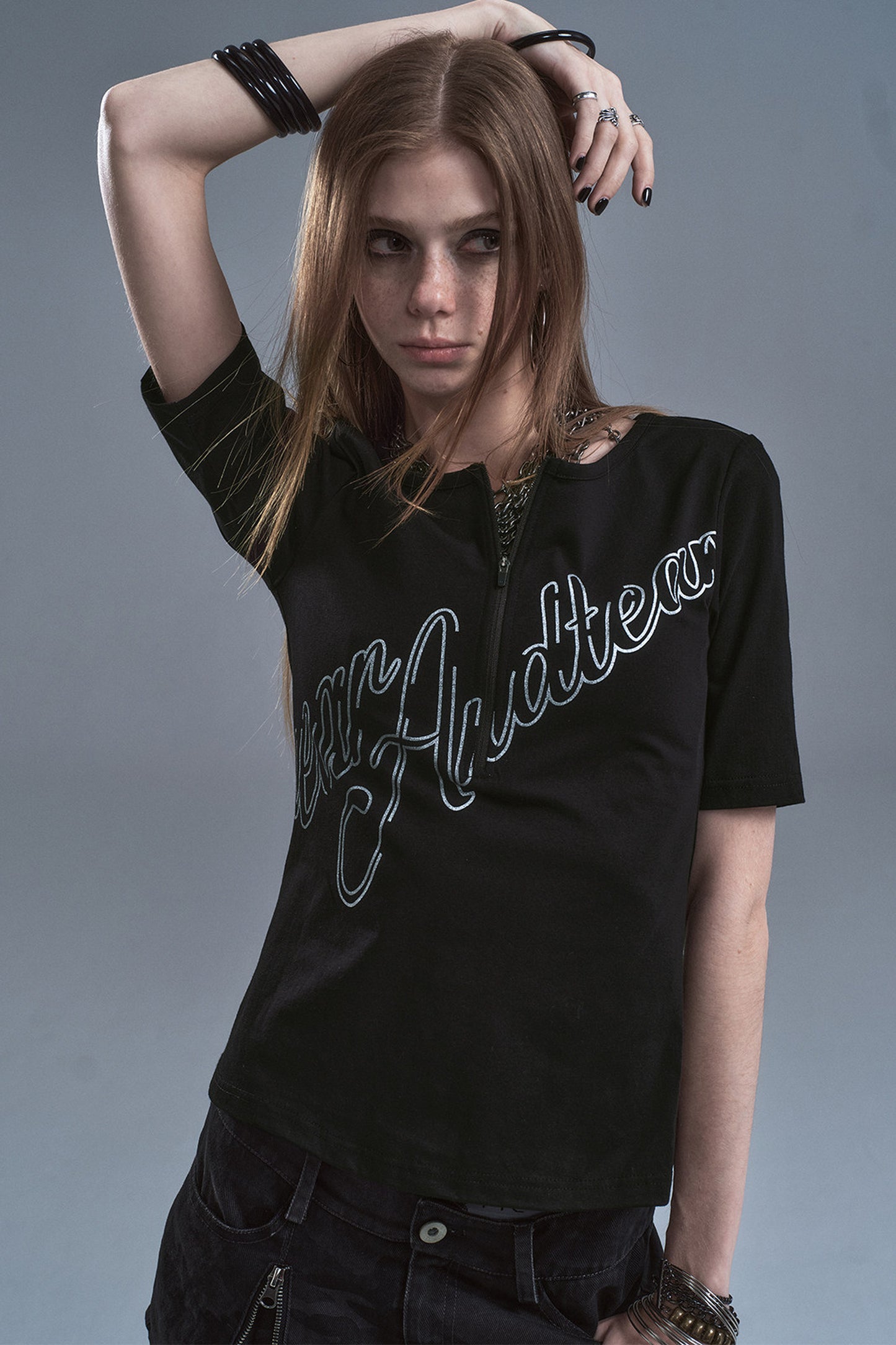 Half-Zip Silver Letter Print T-Shirt
