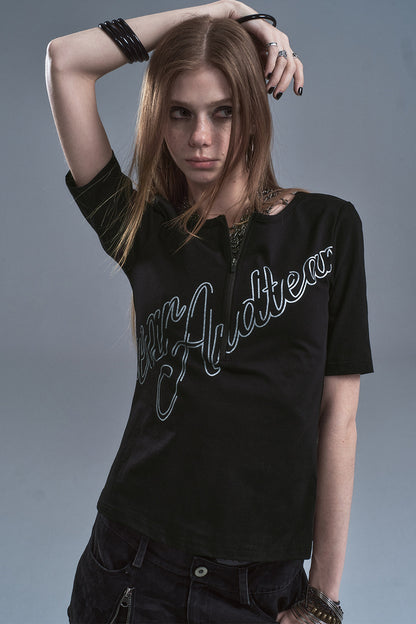Half-Zip Silver Letter Print T-Shirt