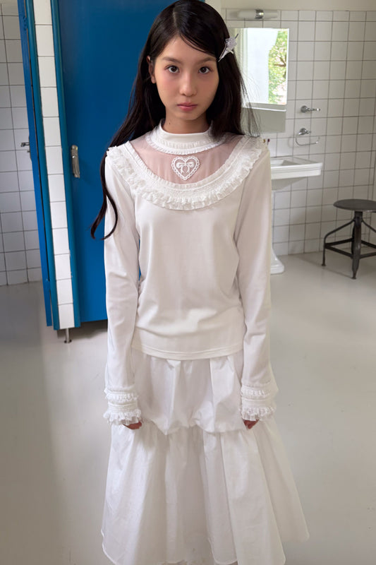 Embroidered Mesh Lace Collar T-Shirt