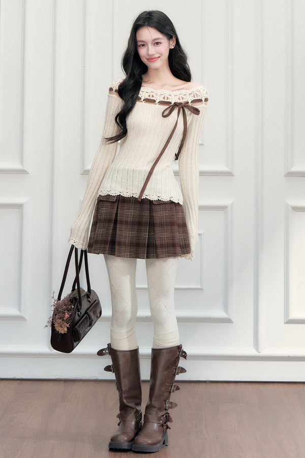 Ribbon Trim Crochet Off-Shoulder Knit Top Set-Up