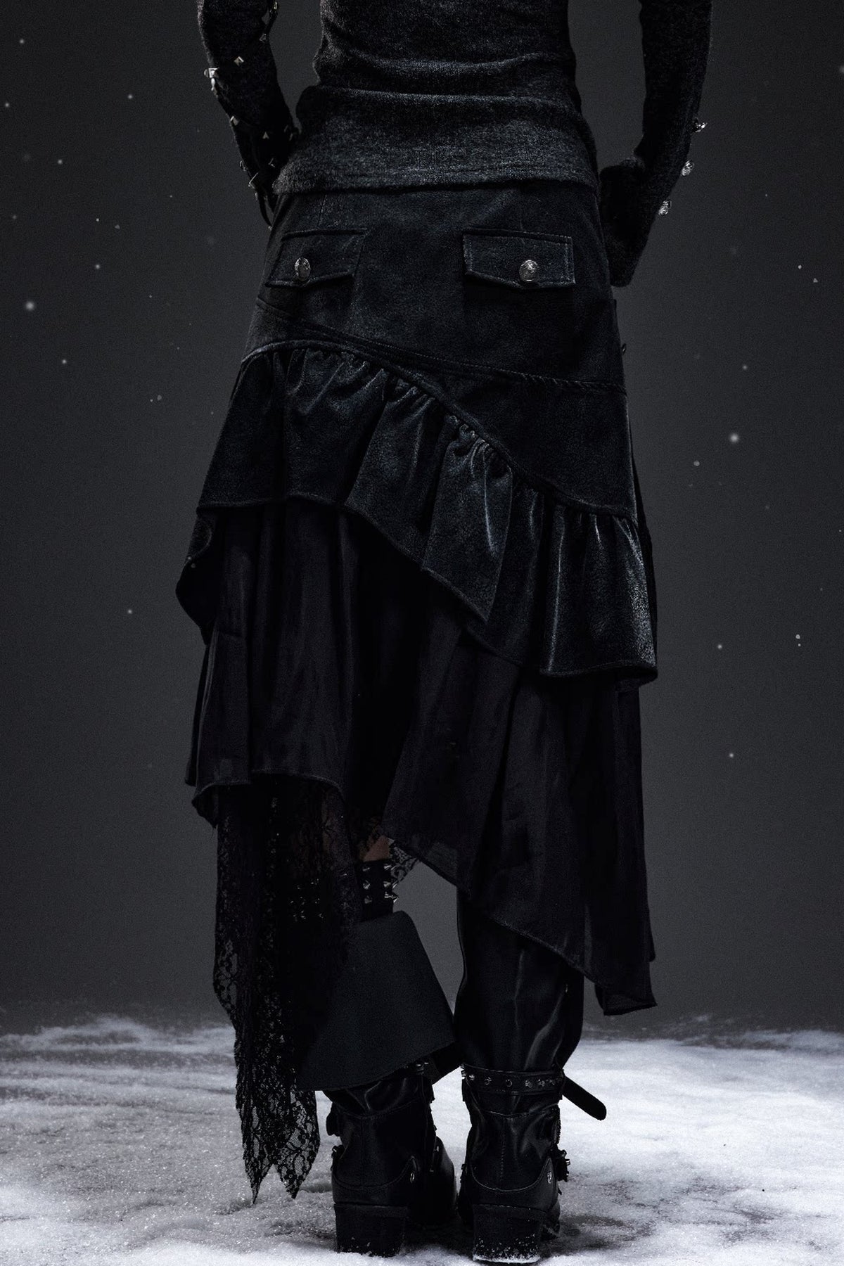 Palace-Style Suede Patchwork Asymmetrical Skirt