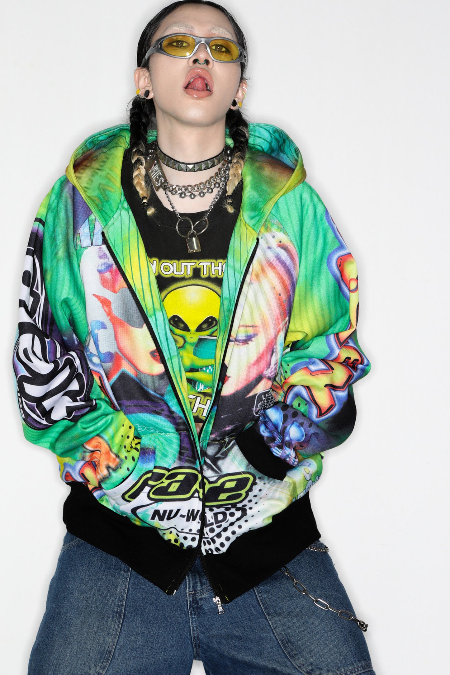 Y2K Alien Rave Print Hooded Jacket