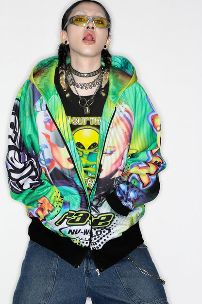 Y2K Alien Rave Print Hooded Jacket