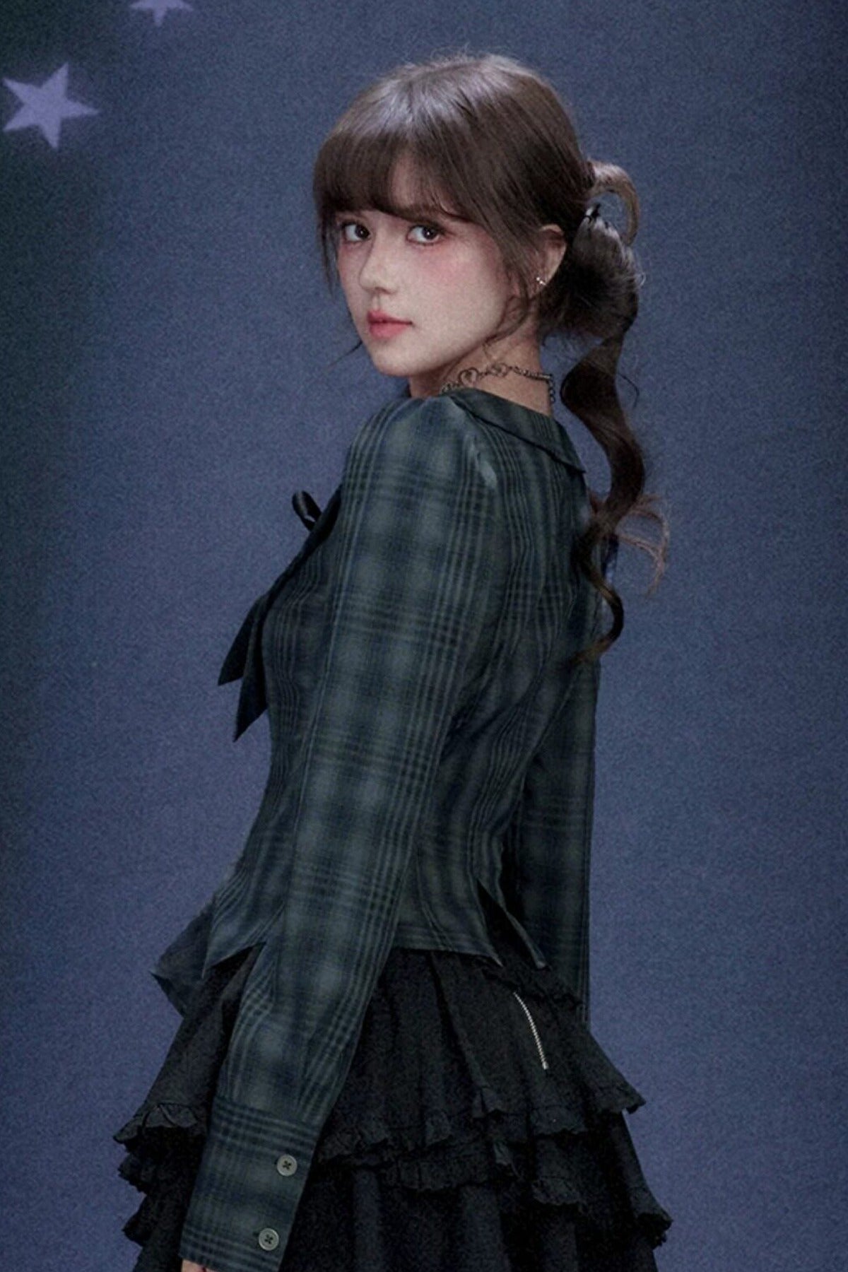 Blue Black Plaid Square Neck Shirt