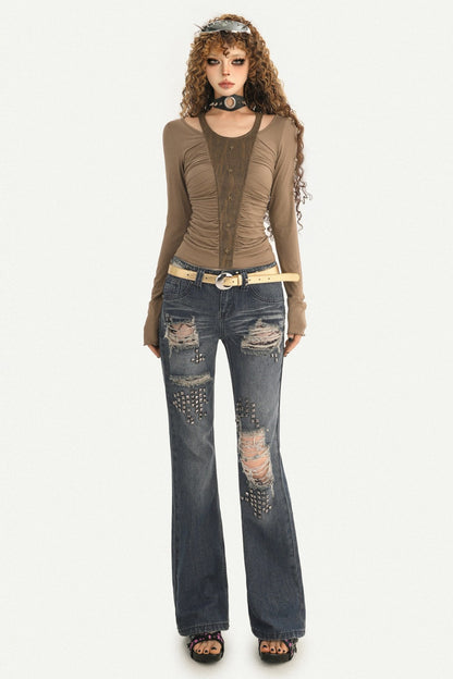 Studded Ripped Straight Jeans