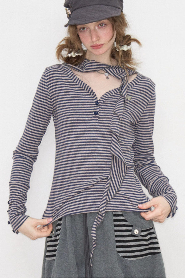 Mint Green Striped V-Neck Scarf Knit Top