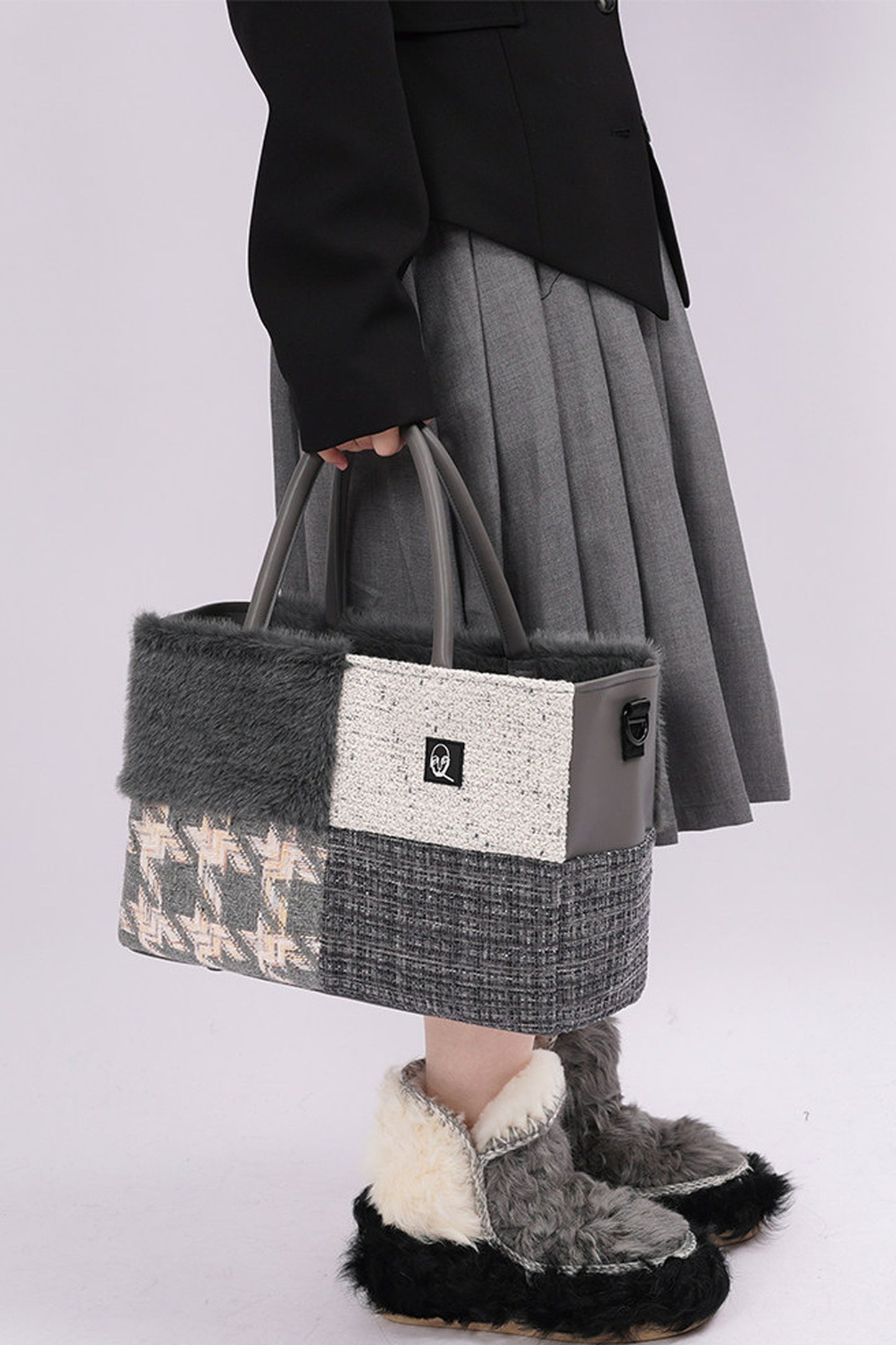 Furry Color-Block Tote Bag