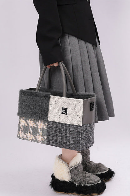 Furry Color-Block Tote Bag