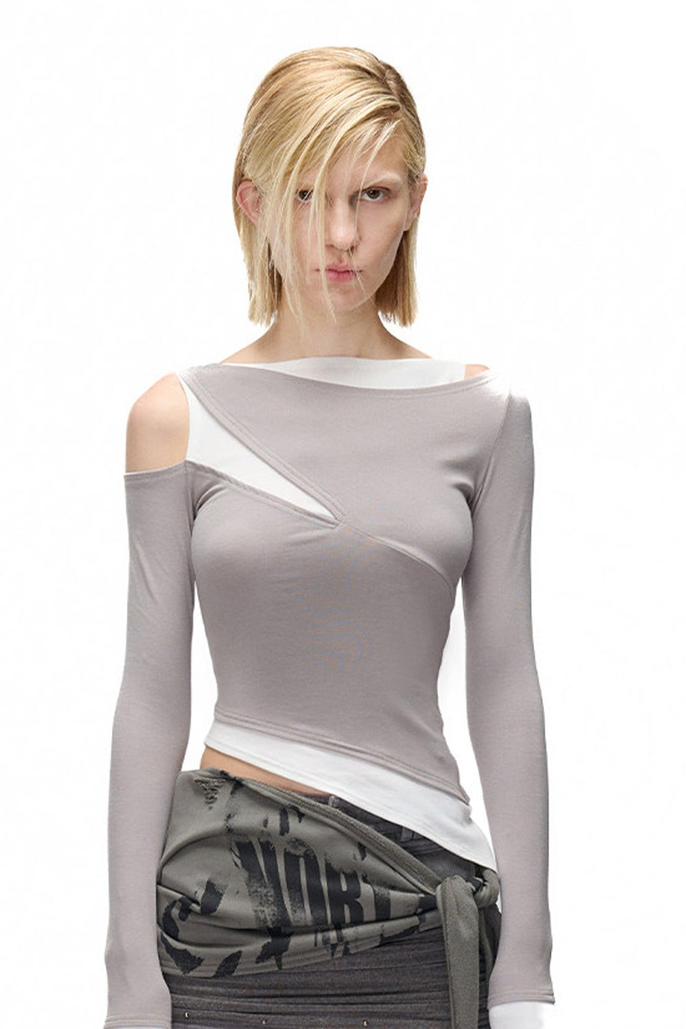 Layered-Look Patchwork Hollow Long-Sleeve T-shirt