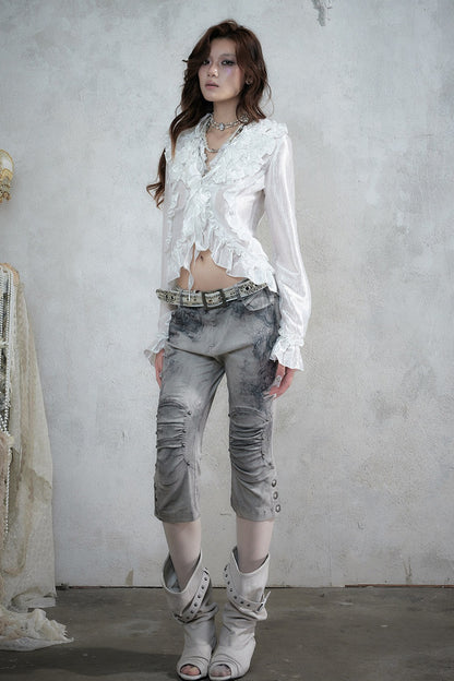Ruffle Trim Tie Waist Long-Sleeved Blouse