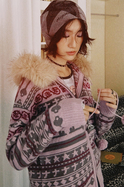 Detachable Fur Collar Fair Isle Hooded Cardigan