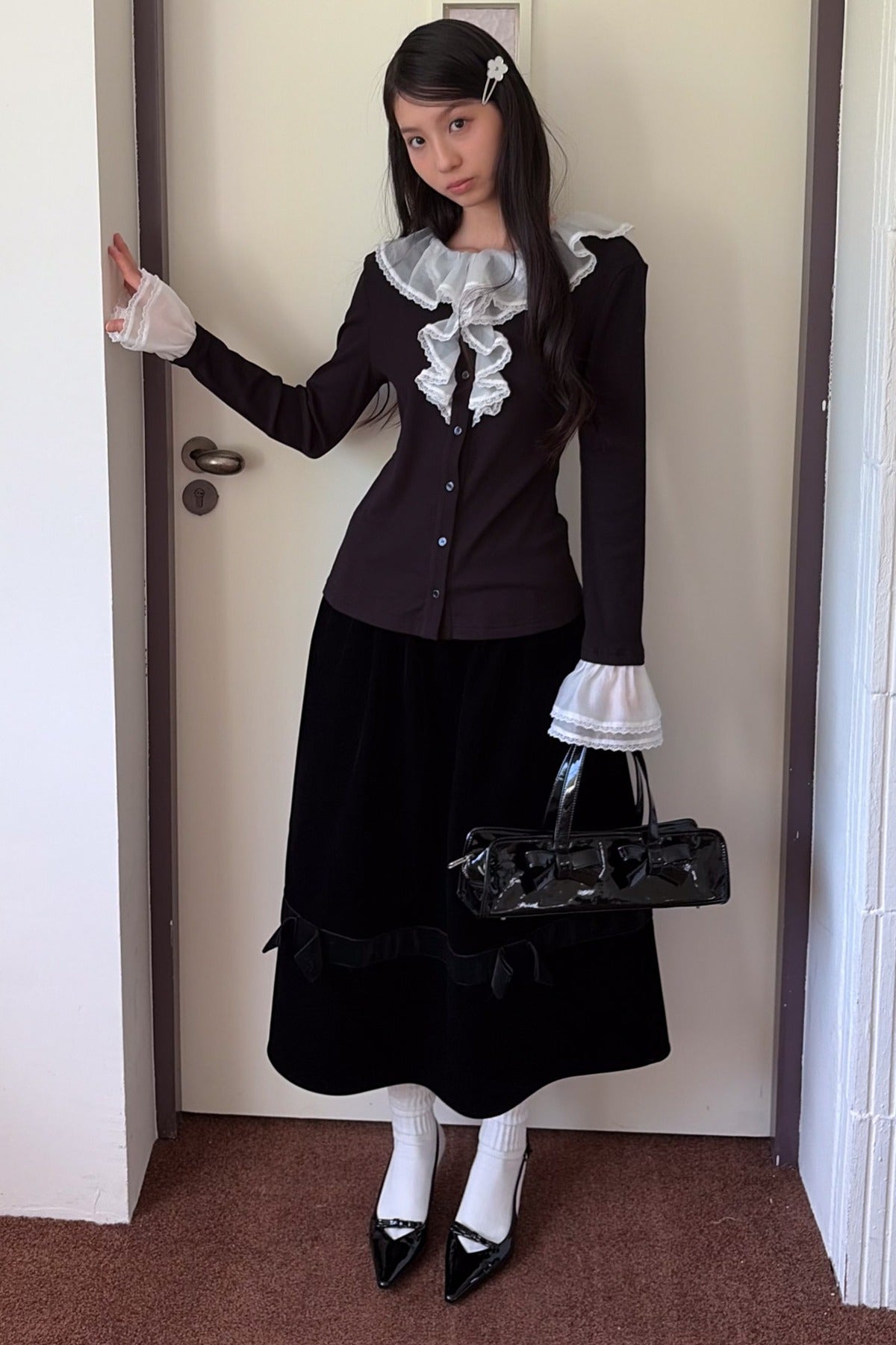 Lace Patchwork Ruffle Sleeve Cardigan