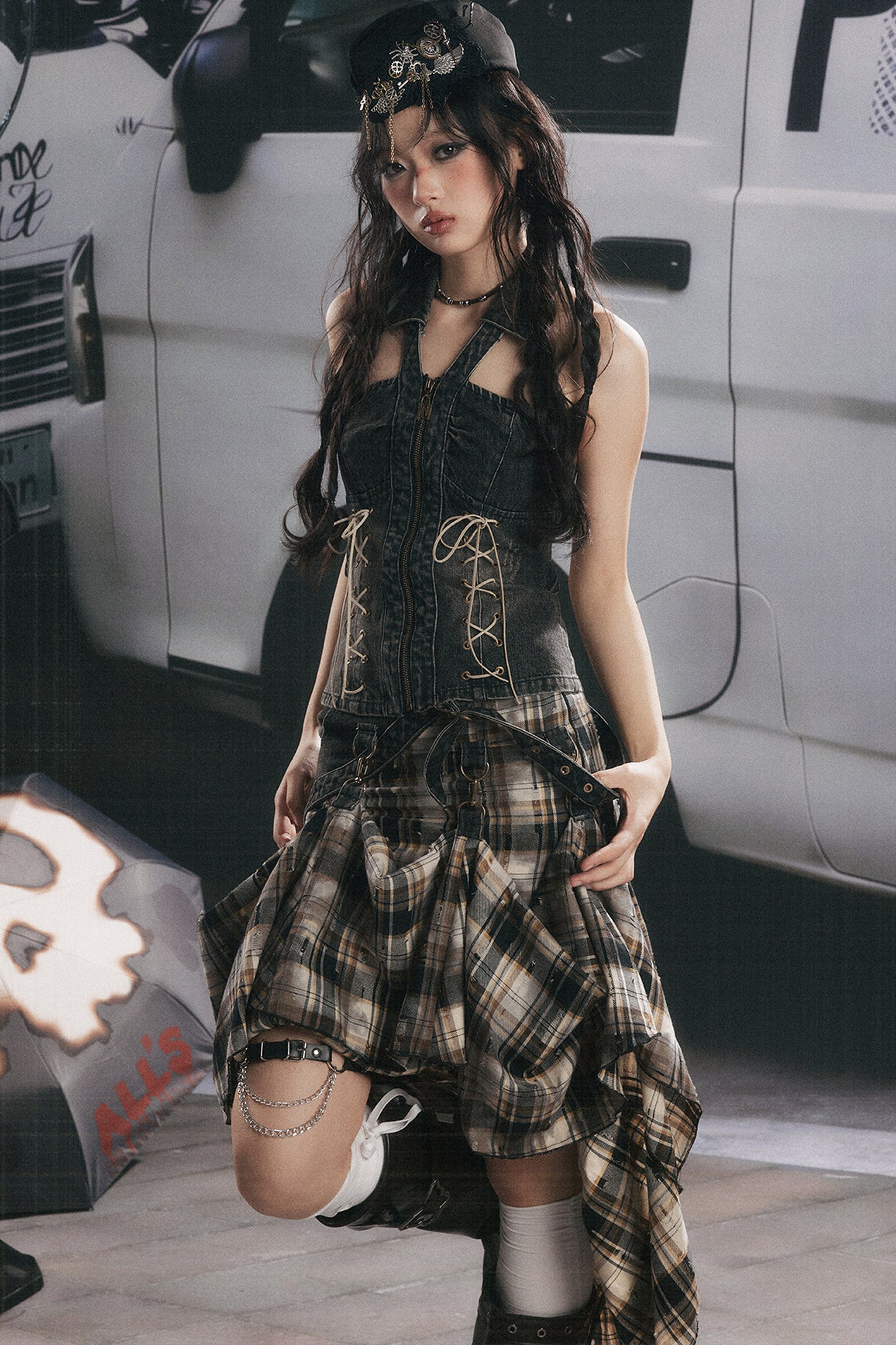 Retro Plaid Asymmetrical Denim Skirt