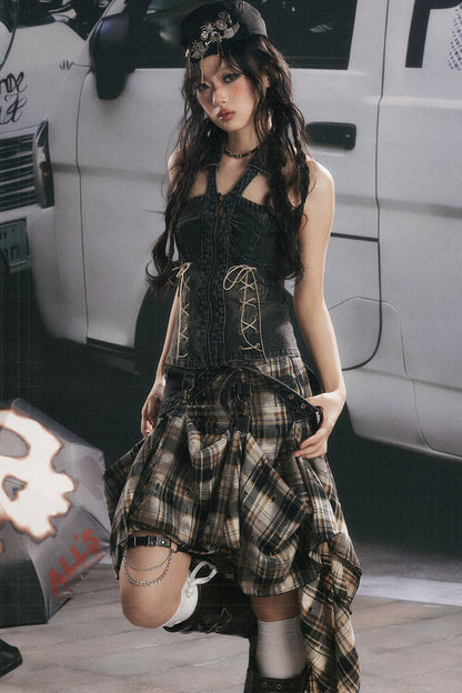 Retro Plaid Asymmetrical Denim Skirt