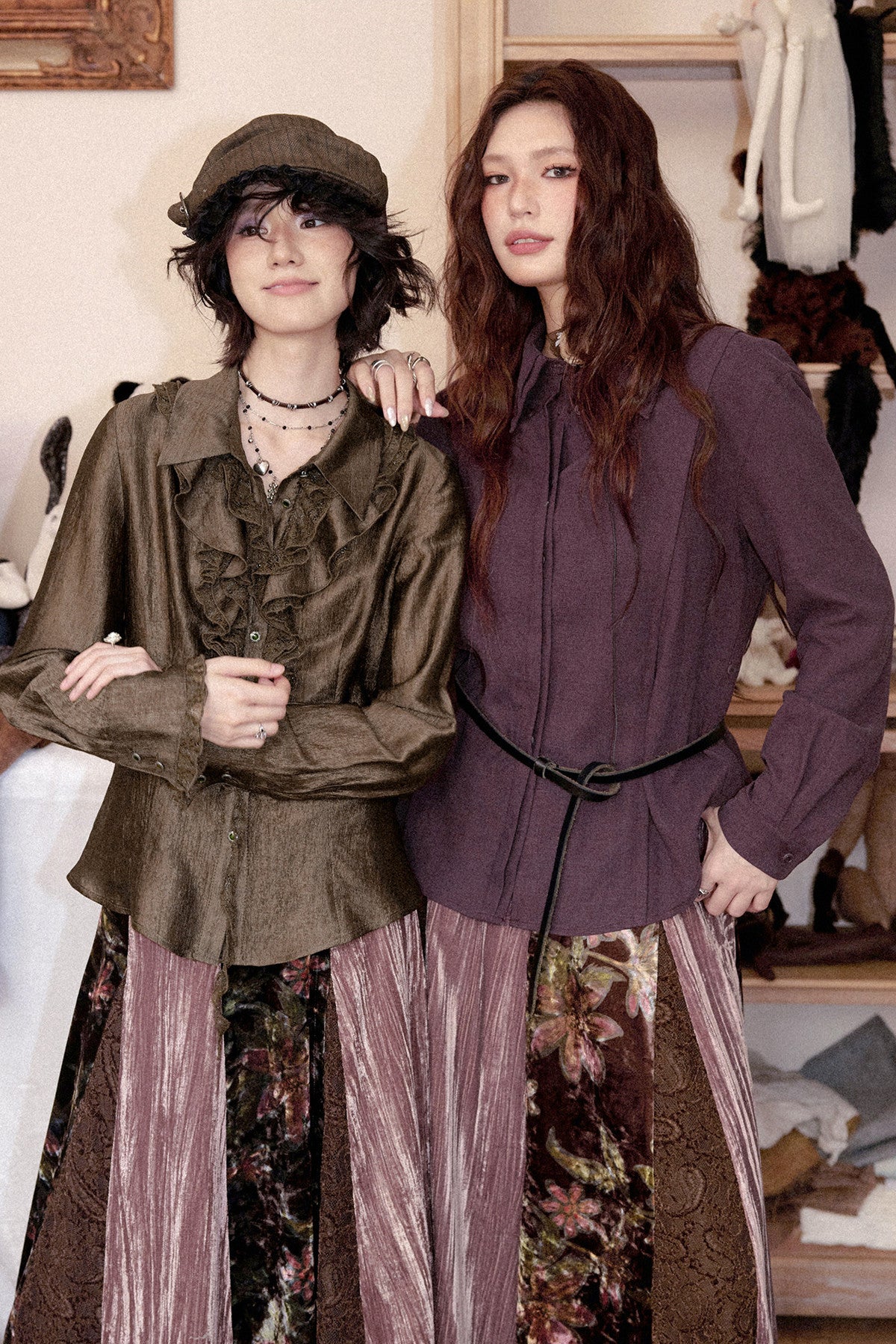 Ruffled Acetate Chiffon Shirt and Skirt Set-Up