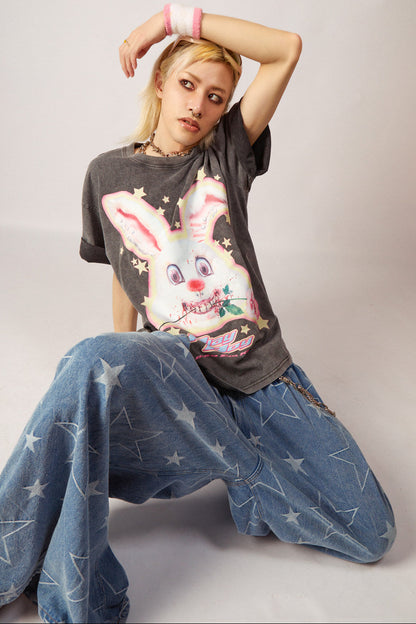 Loose Fit Punk Rock Rabbit Print T-Shirt