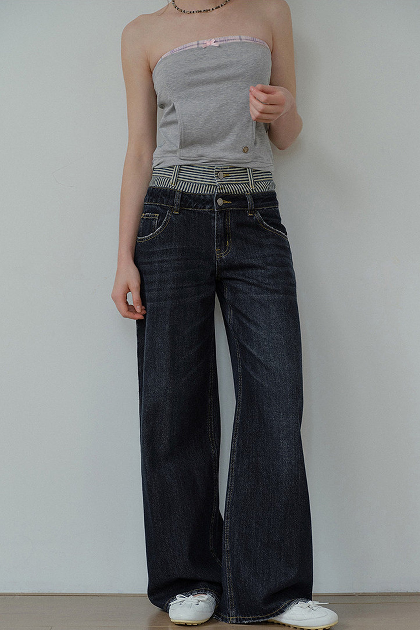 Striped Double Waistband Wide-Leg Jeans