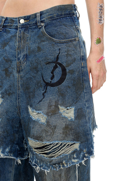Electric Moon Distressed Double Layer Stacked Jeans