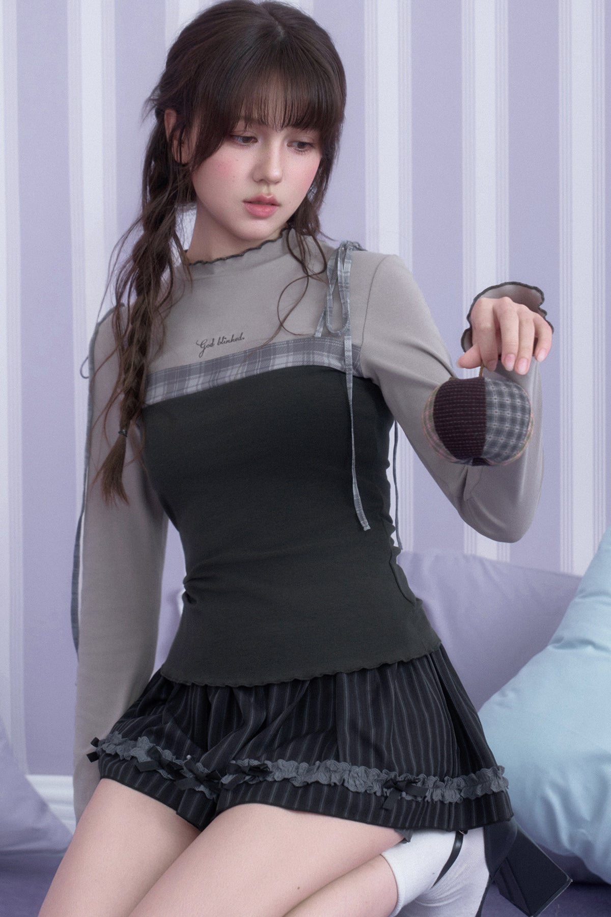 Gray Plaid Layered-Look Blouse