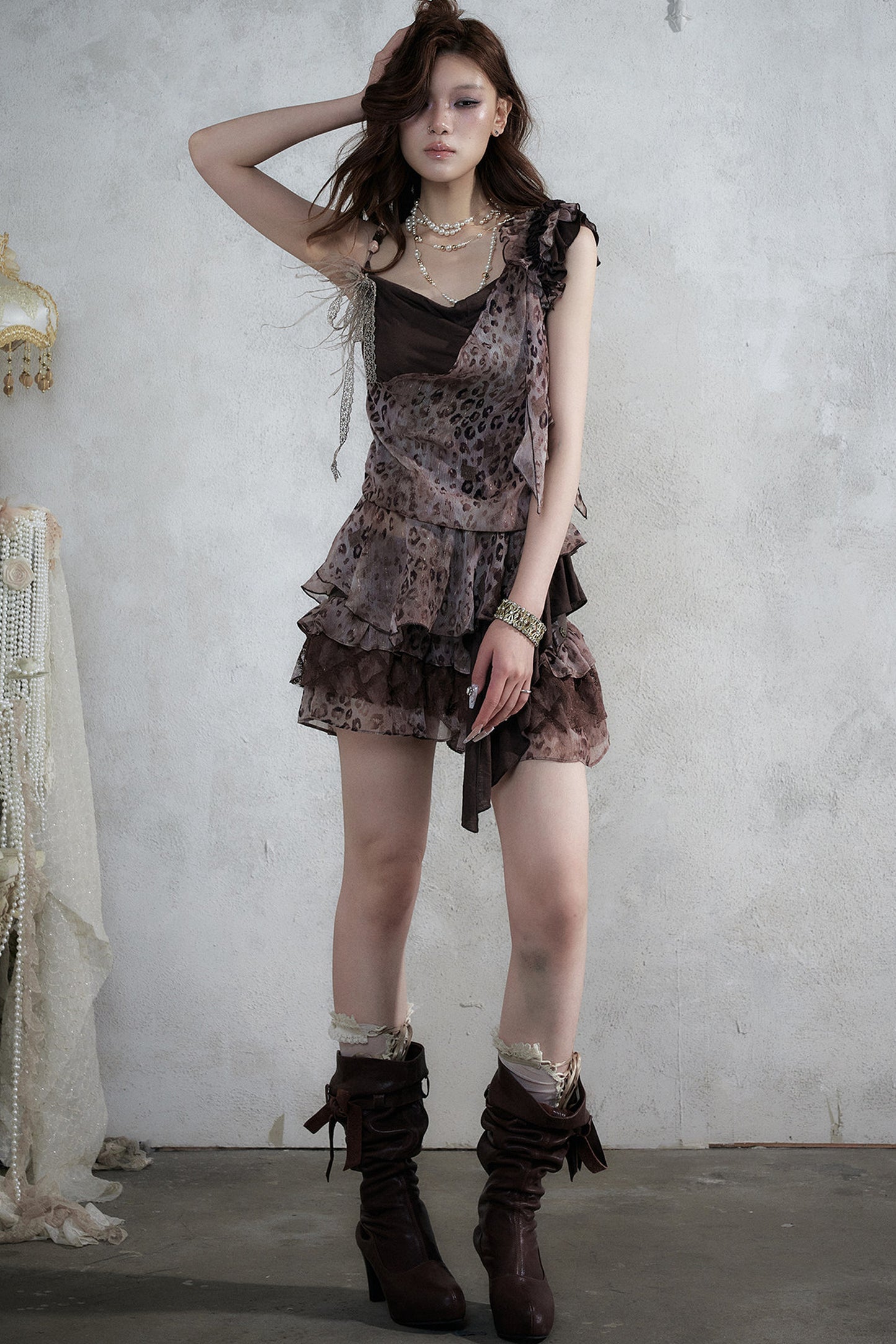 Leopard Print Layered-Look Strap Irregular Hem Dress
