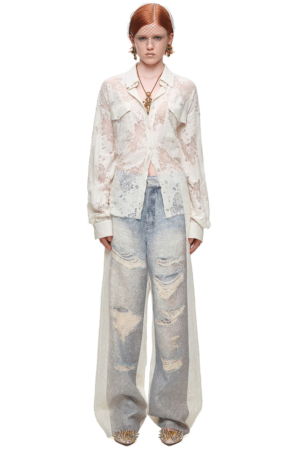 Lace Jacquard Tie Waist Shirt