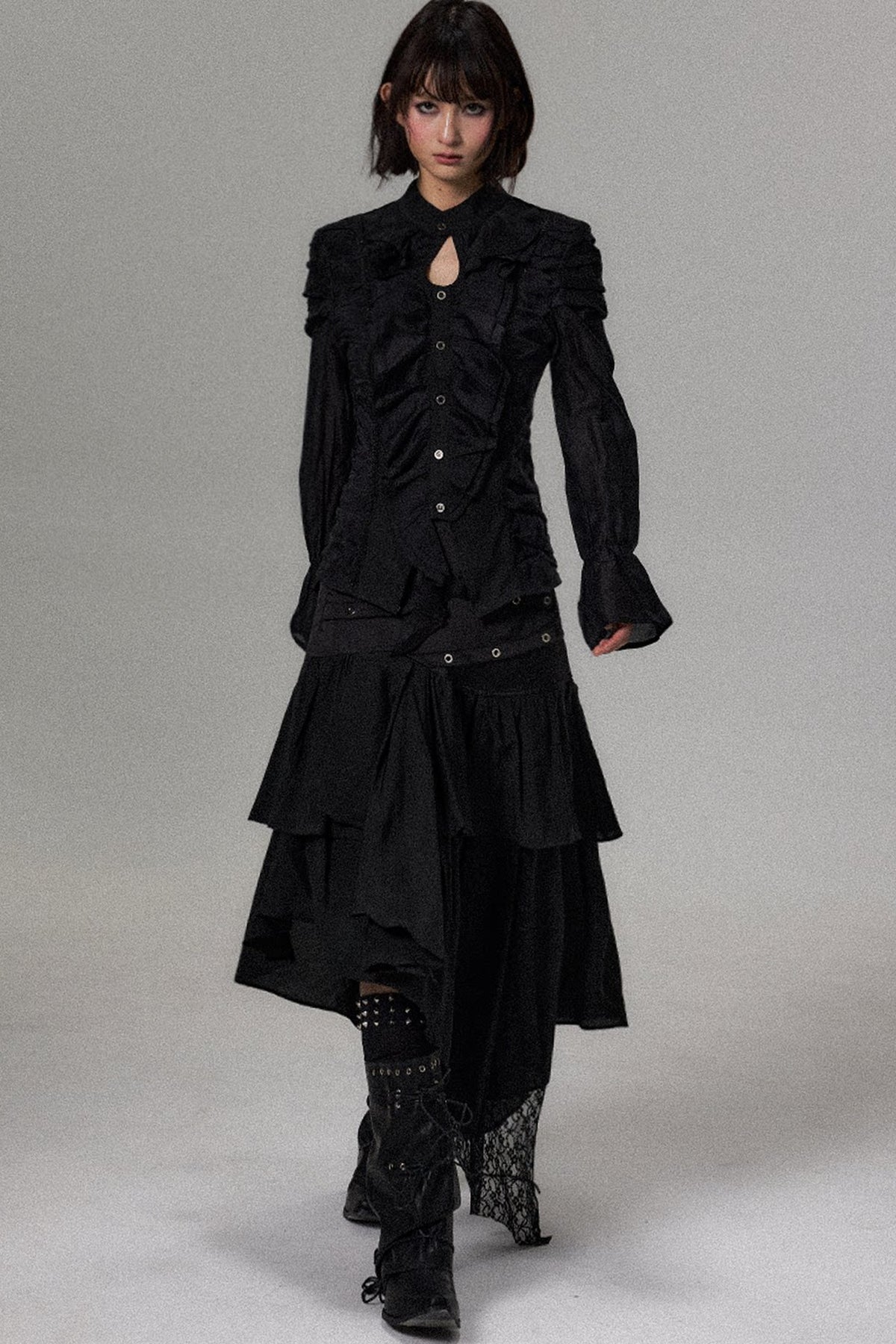 Asymmetrical Ruffle Pleated Patchwork Shirt