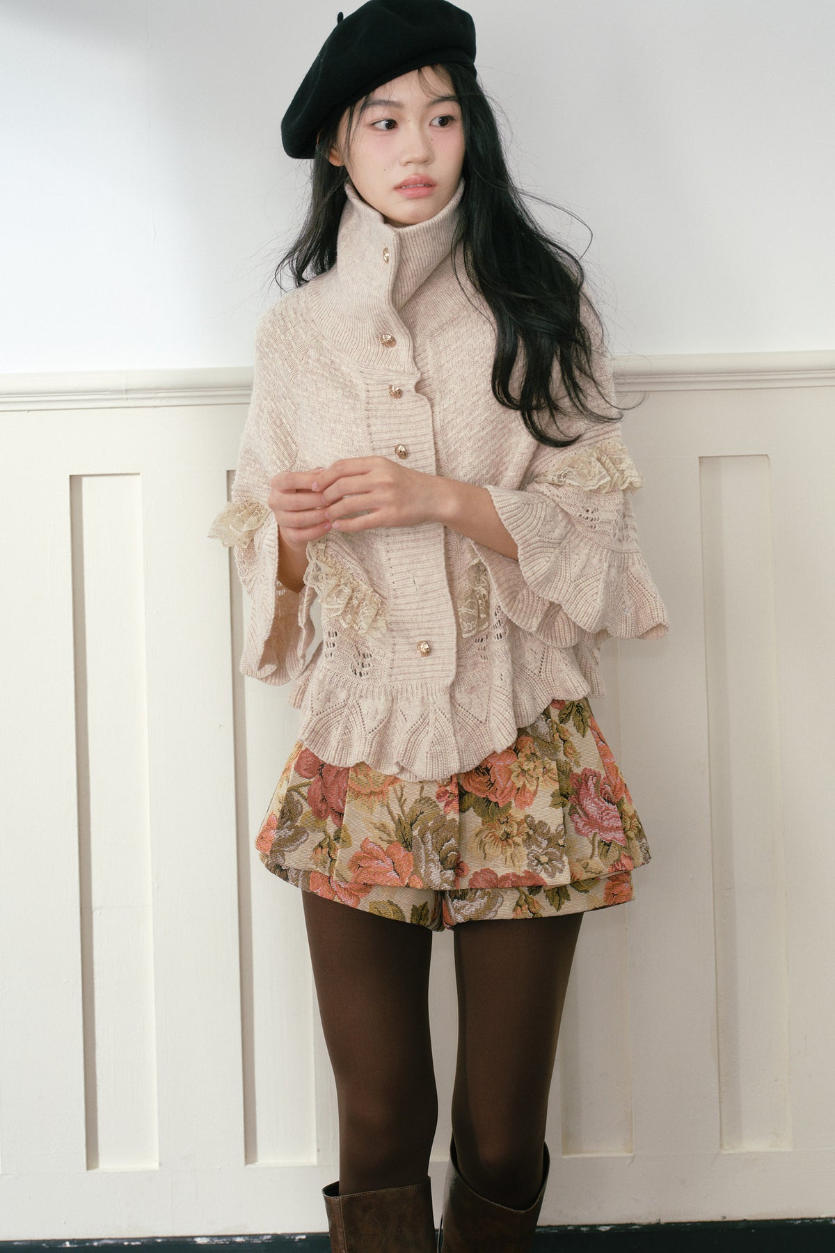 Oatmeal Ruffled Knit Cape Sweater