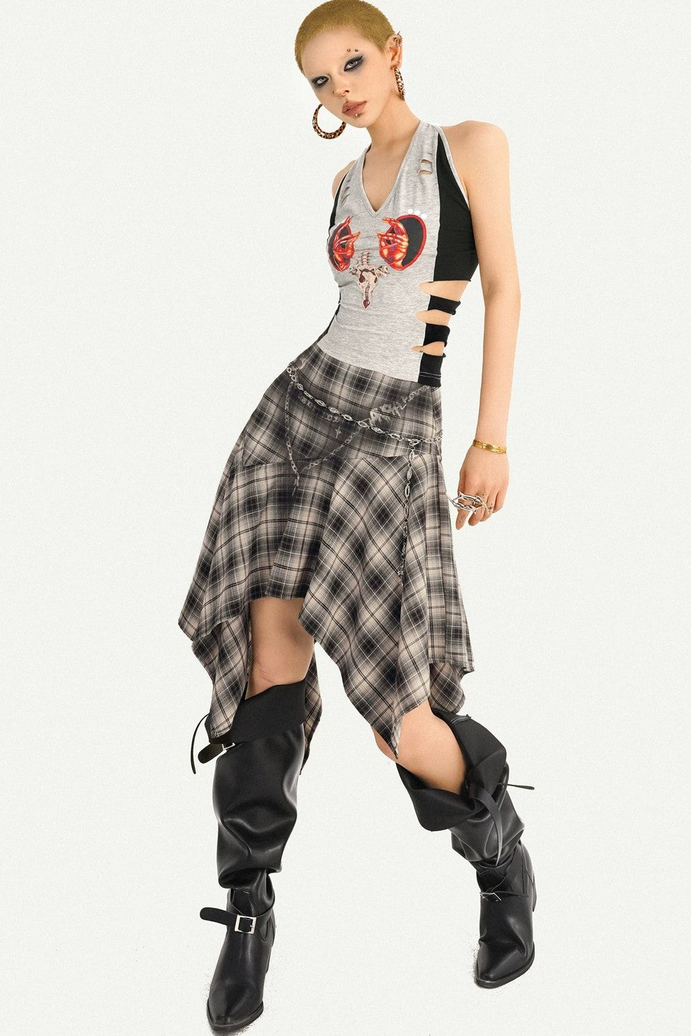 Retro Asymmetrical Plaid Midi Skirt